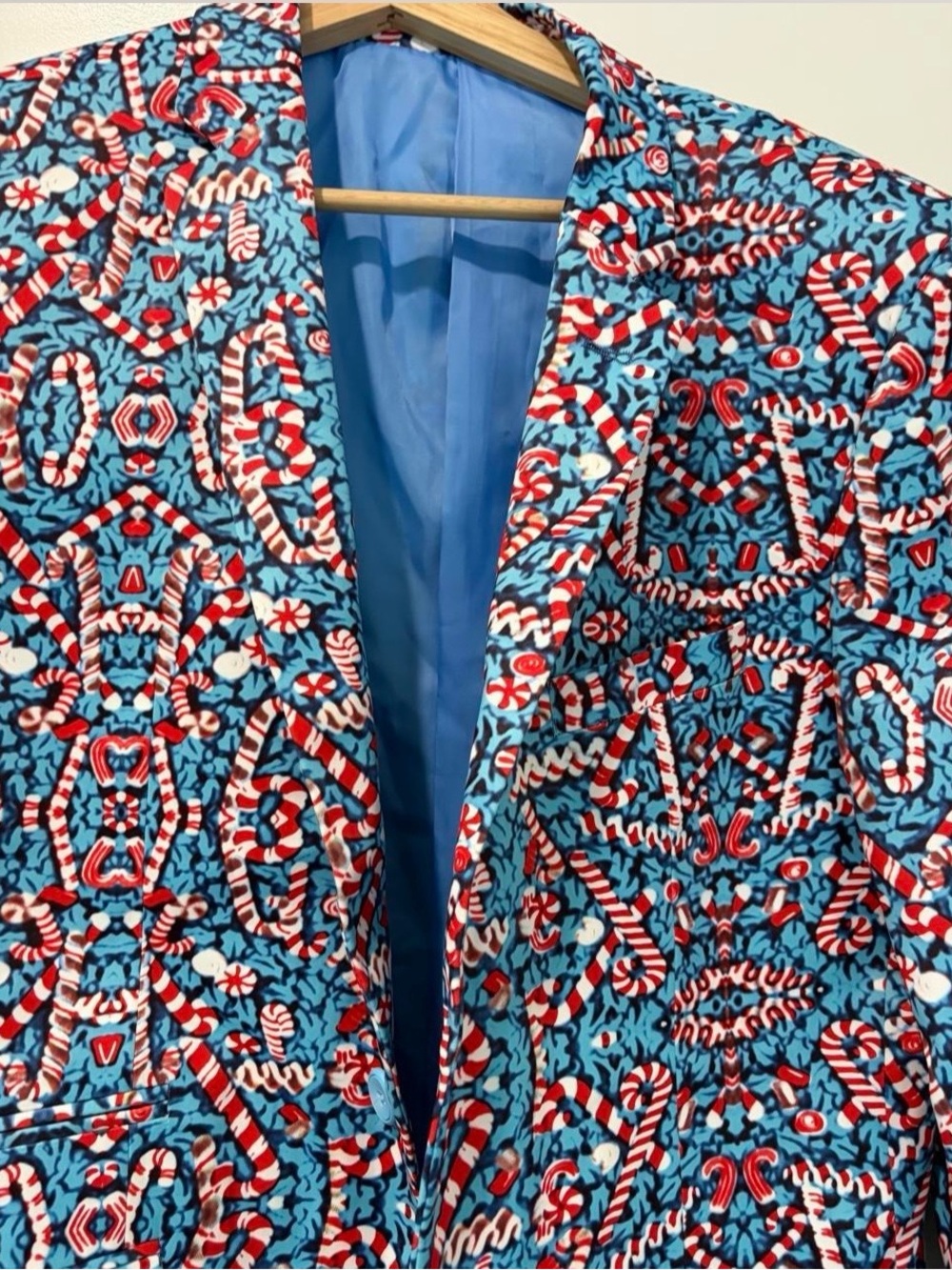 Suslo Men’s Blue & Red Candy Cane Christmas Blazer Jacket size 40M - Picture 3 of 8